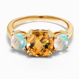 Gem Stone King 18K Yellow Gold Plated Silver Yellow Citrine and Simulated White Opal 3 Stone Engagement Ring For Women (4.15 Cttw, Gemstone November Birthstone, Cushion Checkerboard 8MM, Size 9)