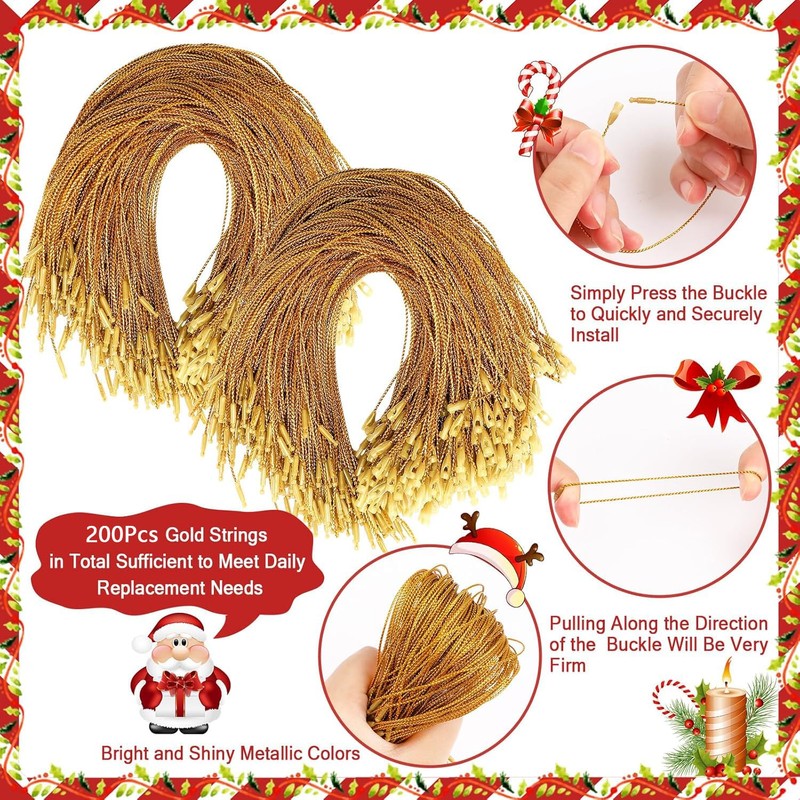 LIODUX 200Pcs Christmas Ornaments String Hanger, Ornament Hangers with Snap