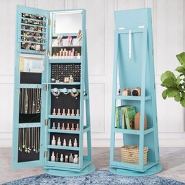 GOFLAME 360° Rotating Jewelry Cabinet with Full-Length Mirror, Freestanding Jewelry Armoire with 3-Color LED Light and Back Storage Shelf, Lockable Jewelry Organizer for Bedroom Cloakroom, Sky Blue
