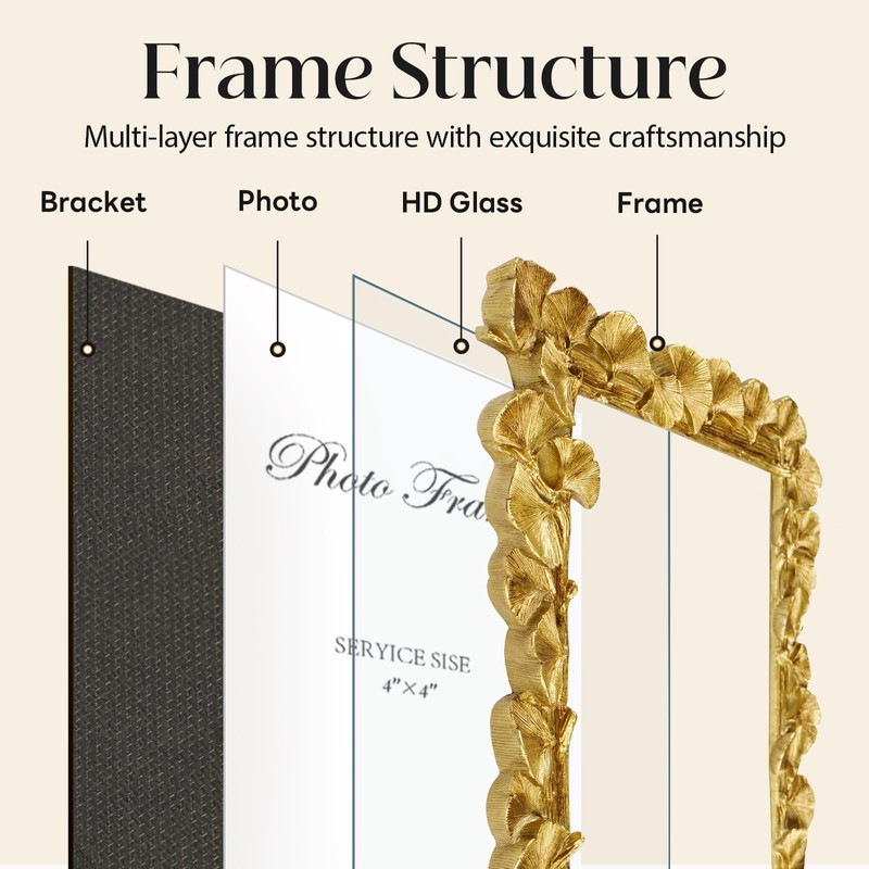 JOJOWISE 4x4 Picture Frame, Gold Ornate Leaf Texture Handmade Resin