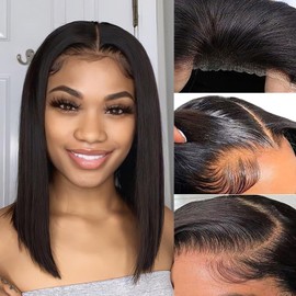 Bob Glueless Wigs Human Hair Pre Plucked Pre Cut 4x4 HD Transparent Lace Front Wigs for Black Women Wear and Go Glueless Short Straight Bob Wigs for Beginner No Glue Lace Closure Bob Wigs 14 Inch