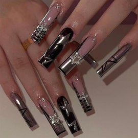 IMRAIN Long Press on Nails Square Fake Nails Black Silver French Nails Tips Glossy Glue on Nails with Star & Cross Charms Designs Full Cover Y2K Nail Supplies Stick on Nails for Women 24Pcs