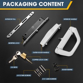 Patio Sliding Door Handle Set with Mortise Lock，Fits Sliding Glass Door Thicknesse is 1-1/2'' to 2'' and 4-15/16'' Screw Hole Spacing, with Door Keeper and 2 Keys （White）