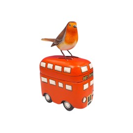 Brave Wings Hand Carved Wooden ~ Robin Red Breast Bird on a Double Decker Bus 20.5cm High ~ Ornament Sculpture Figurine Statue Unique Table Decoration Home Decor ~ 5555