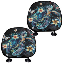 WUYOJUXA 2 Pcs Sea Turtle Seat Headrest Cover Set Universal Vehicle Seat Pillow Covers Funny Turtle Elastic Auto Head Rest Protector Soft Head Rest Cushion Pads,Fit Most Vehicle,Sedan,Truck, SUV, Van