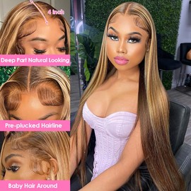 FEIREATA Highlight Ombre Lace Front Wigs Human Hair Pre Plucked with Baby Hair 4/27 Glueless 180 Density 4x4 Lace Closure Human Hair Straight Wigs for Women 20 inch