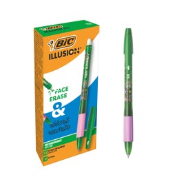 BIC Illusion Erasable and Refillable Ballpoint Pens with Medium Tip (0.7mm) - Green Ink (Pack of 12)