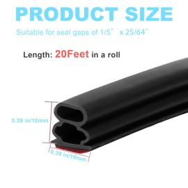 Door Weather Stripping Seal Strip - Self-Adhesive Rubber Soundproofing Weatherstrip for Door Frame, Windows -Insulation & Dust Proof Easy Cut to Size (Black, 20FT)