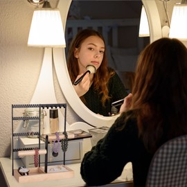 JINBOMANG Jewelry Organizer Stand Necklace Holder, Bracelet Holder 4-Tier Jewelry Tower Rack With Wooden Earring Tray And Holes, Jewelry Display Ring Display For Watches,Bracelets,Ring