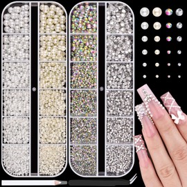 2 Boxes Flatback Pearls (White+Beige) and Flat Back Glass Rhinestones (Clear+AB) for Nail Art, Luxurious Pearl Nail Charms and Crystals Gems Nail Accessories for Acrylic Nail Tips Manicure Decor
