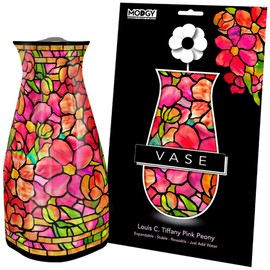 MODGY Expandable Flower Vase, Plastic Decorative Modern Foldable Printed Vases for Centerpieces for Wedding, Dining Table, Home Decor, Living Room, Bathroom, Louis C. Tiffany Pink Peony