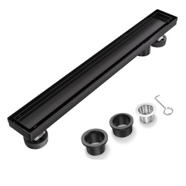 Bmvlffs 12 Inch Offset Linear Shower Drain Matte Black，2-in-1 Flat Reversible Cover with Tile Insert Grate Cover, Side Out Stainless Steel Linear Floor Drain Including Hair Strainer