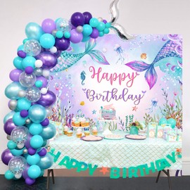 Mocsicka Mermaid Birthday Backdrop Under The Sea Birthday Party Decoration for Girl Blue Purple Mermaid Tails Photography Background (8x6ft(96x72 inch))