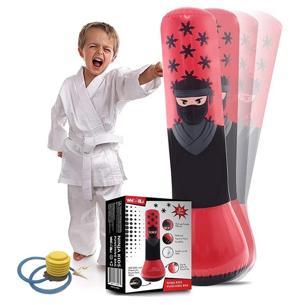 Whoobli Ninja Inflatable Kids Punching Bag, Inflatable Toy Punching Bag for Kids, Bounce-Back Bop Bag for Play, Boxing, Karate, Anger Management, Gift for 3-7 Years Old, Toys Age 3 4 5 6 7; New 2023