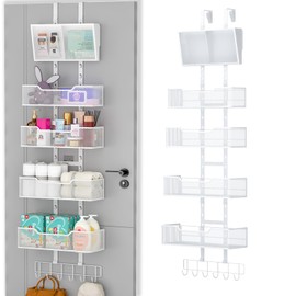Hongtamoya Adjustable Over The Door Organizer, Hanging Door Storage with PVC Pocket and 4 Metal Baskets Wall Mount, Closet Door Organizer Behind Door Rack for Bathroom Bedroom Closet, White