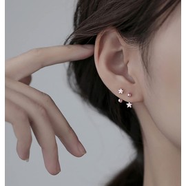 Reffeer Solid 925 Sterling Silver Star Half Hoop Earrings Open Huggie Hoops for Women Teen Girls CZ Star Hoop Earrings Ball Cuffs (C-Rose Gold)