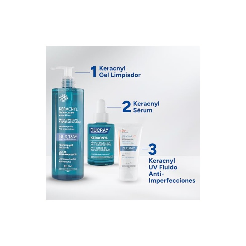 DUCRAY, Keracnyl UV Protector Solar Fluido, FPS 50+, Anti-imperfecciones, Control