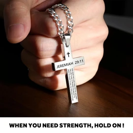 REVEMCN Inspirational Bible Verse Cross Necklace for Men Boys, Stainless Steel Plain Black Silver Cross Pendant Necklace for Men 20-24 Inches Curb Chain Faith Jewelry Gift, Stainless Steel, not