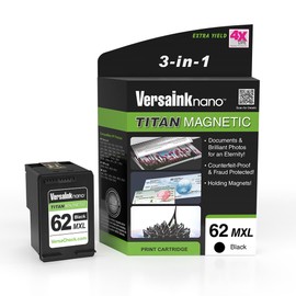 VersaInk-Nano HP 62 MXL Titan-Magnetic (MICR 3-in-1) Black Ink Cartridge Replacement of HP 62 and 62 XL, Works with HP Envy 7640, 5660, 5540, OFFICEJET 5740,5743,5741,8040,5744,250 Mobile,200 Mobile