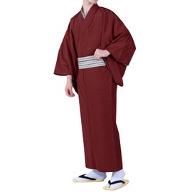 Kyoetsu Men's Kimono, Washable, Solid Color, Pongee, Japanese Clothing, red