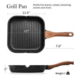 ESLITE LIFE 11 Inch Nonstick Grill Pan for Indoor Cooking, Versatile Induction Square Large Grilling Skillet Steak Pan for Stove Tops, PTFE & PFOA Free, Black