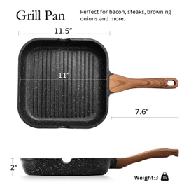 ESLITE LIFE 11 Inch Nonstick Grill Pan for Indoor Cooking, Versatile Induction Square Large Grilling Skillet Steak Pan for Stove Tops, PTFE & PFOA Free, Black