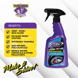 Wizards Hybrid Ceramic Tire Shine Spray - SiO2 Infused - 22 fl oz - Longer Shine and UV Protective Shield Against Water and Pollution - Fast Drying No Sling Spray Tire Coating