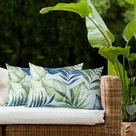 AELS Outdoor Lumbar Pillow Covers 12x20 Inch, Waterproof Decorative Pillow Covers Pack of 2, Water-Resistant Pillow Case for Patio Furniture Tent Garden, Tropical Leaf, Green, Cover ONLY