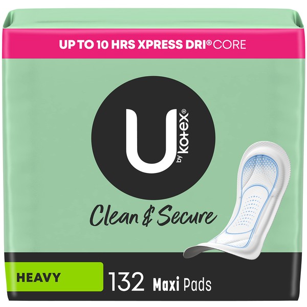 U by Kotex Security Maxi Feminine Pads, Heavy Absorbency, Unscented, 132 Count (3 Packs of 44) (Packaging May Vary)