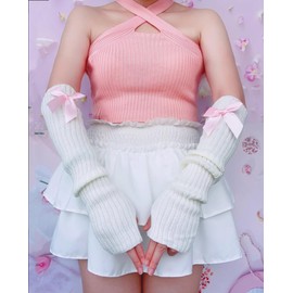 Brexiamin Women Long Y2k Arm Warmers Covers Kawaii Harajuku Fingerless Gloves Gothic Lolita Knitted Arm Sleeve with Thumb Hole (Pink, One Size)