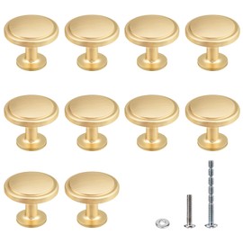 WEAVERBIRD Gold Door Handles 10PCS Cabinet Knobs 30MM Zinc Alloy Single Hole Drawer Kitchen Handles with Screws Round for Cupboard Wardrobe Furniture Brushed Brass Knobs