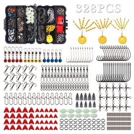 328pcs Fishing Tackle Box Kit,Fishing Accessories Gear Include Saltwater Fishing Hooks,Rubber Bobber Stoppers,Fishing Swivel Nice Snaps,Split Rings,Barrel Copper Sleeves,Bullet Weights Sinker Slides