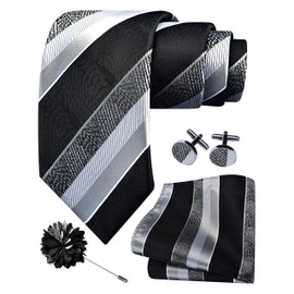 GUSLESON Grey Black Tie for Wedding Mens Silk Striped Necktie Pocket Square Cufflinks and Lapel Pin Brooch Set (6108-53)