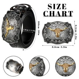 Jadive Men's Belt Western Cowboy Bull Leather Buckles Belt Longhorn Buckle with Flowers Engraving for Men, black
