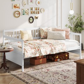 Giantex Twin Daybed Frame, Wooden Sofa Bed Guest Bed with Rails & Wood Slat Support, Dual-use Twin Size Platform Bed Frame for Living Room Bedroom, No Box Spring Needed, White