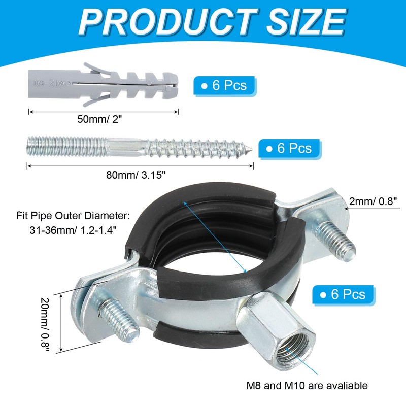 PATIKIL 1.2"-1.4"/31-36mm Split Ring Pipe Hanger, 6 Pcs Heavy Duty