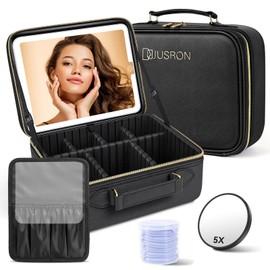 JUSRON Travel Makeup Bag Cosmetic Bag Makeup Organizer Bag with Lighted Mirror 3 Color Scenarios Adjustable Brightness, Waterproof Makeup Train Case
