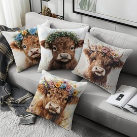 LANBEIDE Highland Cow Cushion Cover, Set of 4 Highland Cow Decoration Scottish Present for Women Animal Flower Pillow Cover Outdoor Throw Pillow Case Decor Home Garden Couch Sofa 18'x18'(45x45cm)