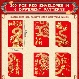 Jetec 300 Pcs Chinese Red Envelope 2025 Chinese New Year Hong Bao Lunar Lucky Money Packets for Spring Festival Birthday Wedding Supplies Decorations, 3.5 x 6.6 Inch, 6 Patterns(Snake Style)