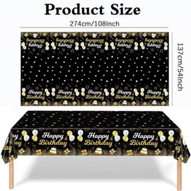 Kesfey 3 Pcs 137x274cm Happy Birthday Tablecloths Happy Birthday Decorations, Plastic Waterproof Table Cover Rectangular Disposable Tablecloth Wipeable, Birthday Party Decoration(Gold and Black)