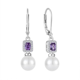 Inpasne Pearl Drop Earrings Dangling 925 Sterling Silver Amethyst Earrings Emerald Cut February Birthstone Jewelry for Women