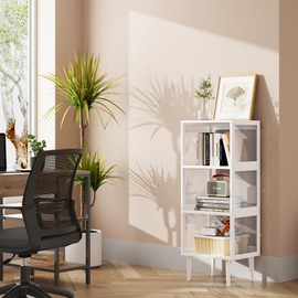 TUTOTAK 4 Tier Book Shelf, 3 Cube Bookcase, Bookshelf Storage Organizer with Legs, Display Shelf Freestanding for Bedroom, Living Room, Home Office, White BS02BW004