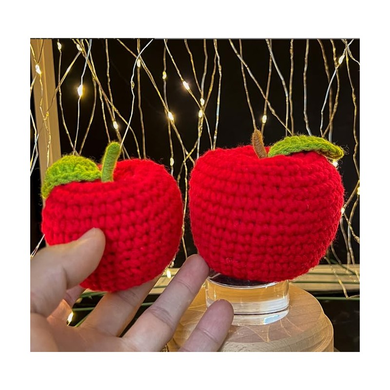 JOONOR 2 Pieces Handmade Crochet Apple Statue,Hand-Knitted Apple with Stem