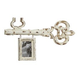 Deco 79 25” x 14.5” Decorative Antique Key & Hanging Picture Frame Wall Decor w/Distressed White Finish (20470)