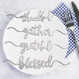 Thanksgiving Cutout Wood Table Place Card Thankful Grateful Blessed Gather Wood Word Table Settings Signs Decorations Autumn Themed Thanksgiving Party Table Home Decoration (Silver, 8)