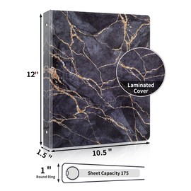 SUNEE 3 Ring Binder 1 Inch, Cute Binder with 2 Pockets, Decorative Black Marble Three Ring Binder Heavy Duty (Fit 8.5x11 Inches) for School Supplies, Office Binder Supplies