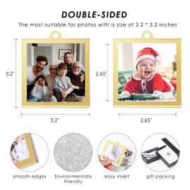 UNIQOOO 3.2 x 3.2 inch Christmas Acrylic Gold Photo Frame Ornaments for Display Picture, 6 Pcs Festive Hanging Decoration, Double-Sided Picture Frames for Holiday Season, Home, Party, Xmas Tree Decorations