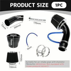 Cold Air Filter (Blue), Direct Filter Kit, Air Hose Diameter 76 mm, Air Intake System Made of Carbon Fibre with Hose (Black)