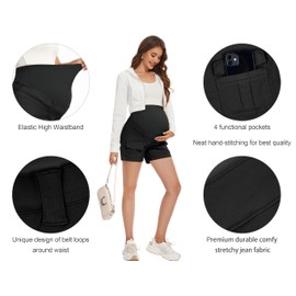 POSHGLAM Women's Maternity Cargo Jean Shorts Stretchy Comfy Cotton Denim Shorts(Black, Medium)