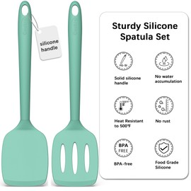 Coukre 2 Pack Silicone Spatula Set, High Heat Resistant, BPA Free Kitchen Spatula, Solid & Slotted Turner for Non-Stick Pans, Sautéing, and Flipping (2, PureAquaGreen)